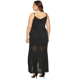 Back view of a black lace patchwork long maxi dress with thin spaghetti straps