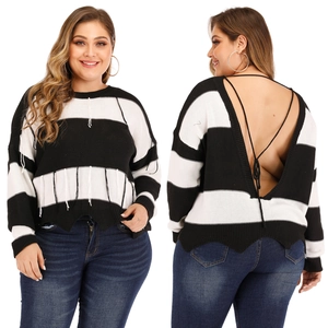 Close-up of backless striped knit sweater with fringe details and lace-up back design