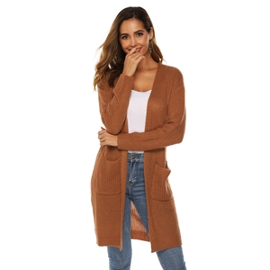 Women's long brown knit cardigan with front pockets and an asymmetrical hemline design