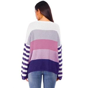 Women's loose striped knit sweater with colorful patchwork blocks and crew neck