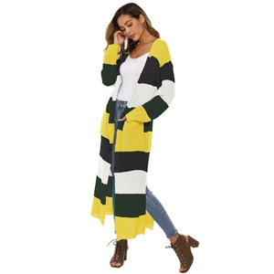 Long knit cardigan with yellow, dark green, and white color block stripes and open front