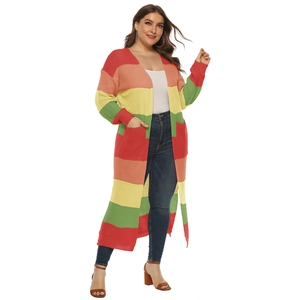Detail of multi-color striped knit cardigan with long sleeves and large front pockets