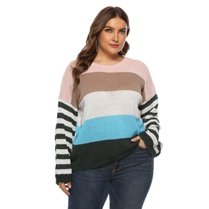 Pull en Maille Rayé Bloc de Couleur pour Femmes Grandes Tailles Décontracté Ample Col Rond Manches Longues Hauts Pull Automne