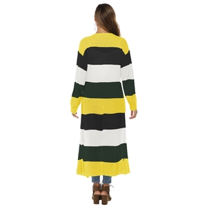 Detail view of colorful wide horizontal stripes and thick knit texture on the long cardigan