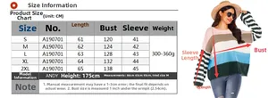 Size chart table for loose striped knitted sweater showing S to 2XL measurements
