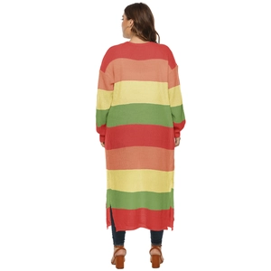 Women's plus size oversized rainbow striped long knit cardigan with side slits