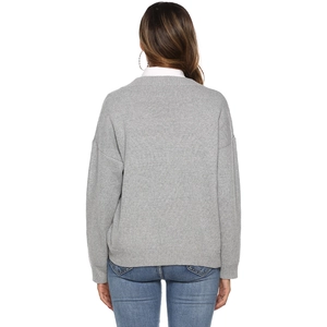 Rear view of a grey V-neck knit sweater with ribbed cuffs and hem on a model