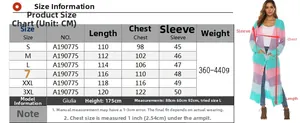 Size chart for long color-block knit cardigan showing measurements from S to 3XL