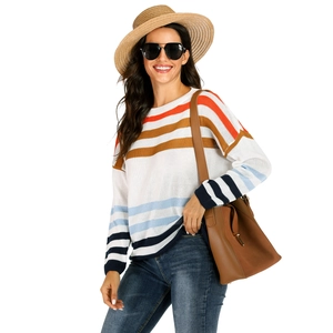 Détail d'un pull en maille rayé multicolore avec col rond et texture décontractée d'automne