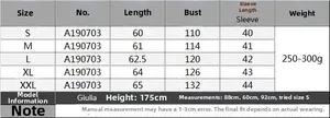 Detailed size guide table for hollow high-neck sweater from S to XXL with model info