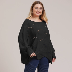 Women's plus size loose black knit sweater with batwing sleeves and hollow out patterns