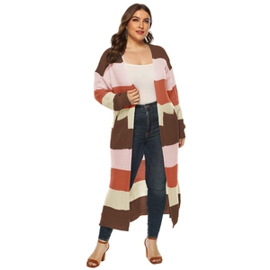 Long knit cardigan with multi-color striped patchwork design and large side pockets