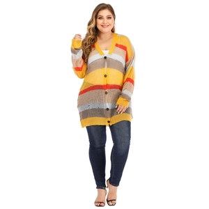 Detail shot of multi-color striped knit cardigan featuring a V-neck and black buttons
