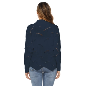 Navy blue long sleeve hollow knit sweater with wave hem and leaf pattern cutout