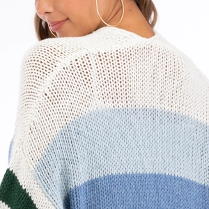Gros plan du motif en maille épaisse color-block et texture arrière du cardigan ample
