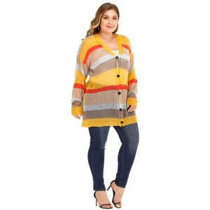 Detail of multi-color striped knit cardigan with V-neckline and black buttons