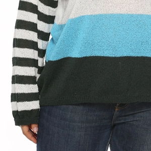 Détail du pull en maille rayé color-block montrant la texture et la finition du poignet