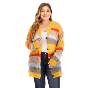 Close-up of the colorful striped knit texture and V-neck button closure on this cardigan