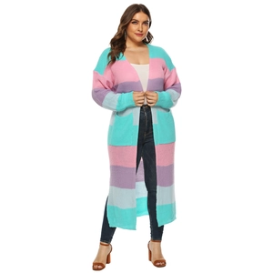 Plus size long striped knit cardigan with color block patchwork and side pockets