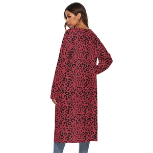 Gilet long imprimé léopard rouge pour femme en maille cachemire à manches longues chic