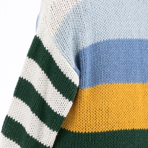 Détail de la maille épaisse et des motifs à rayures multicolores éclatantes du pull