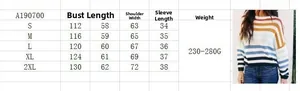 Tableau détaillé des tailles pour pull rayé femme avec mesures allant de la taille S à 2XL