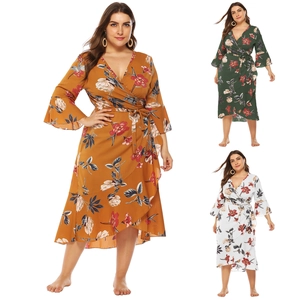 Women Plus Size Floral Print Wrap Dress V-Neck Flare Sleeves Ruffle Hem Irregular Tie Waist Polyester Mid Length Elegant Dress