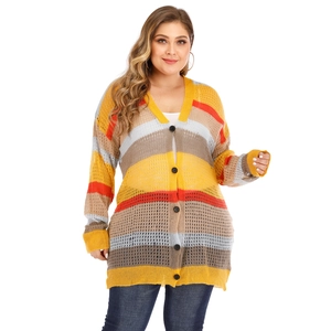 Detailed close-up of multi-color striped hollow knit texture on a V-neck cardigan
