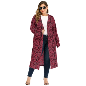 Full view of plus size leopard print cardigan in vibrant pink with long sleeves and pockets