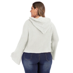 Plus size white knit hoodie with bell sleeves and textured vertical ribbing pattern