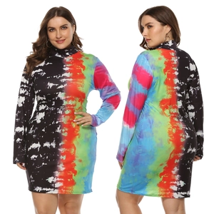 Women Plus Size Bodycon Dress Mock Neck Long Sleeve Tie Dye Colorful Print Slim Fit Midi Casual Party Pencil Dress