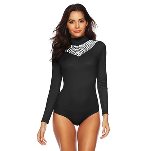 Detail of white lace patchwork on high neck black ribbed bodysuit for women