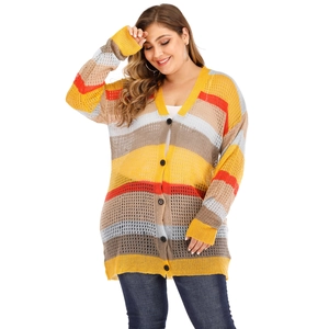 Close-up of V-neck button closure on colorful striped plus size knit cardigan