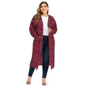Plus size leopard print long cardigan in burgundy showing casual outfit fit and drape