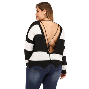 Sexy backless oversized striped knit sweater with black and white color block tassels
