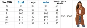 Detailed size chart for women's long knit cardigan with brown sweater cardigan fit guide