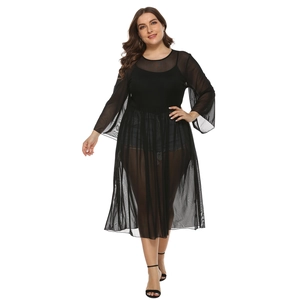 Detail of plus size sheer black mesh cover-up dress featuring flared long sleeves