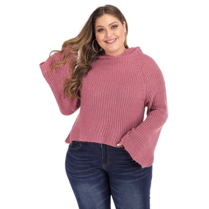 Detail of flared bell sleeves on a plus size mauve pink hooded knit sweater for women