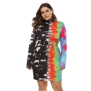 Close-up detail of multi-color tie-dye print on high neck long sleeve plus size dress