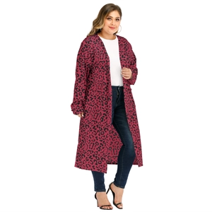 Detail of red and black leopard print plus size long cardigan with cozy texture