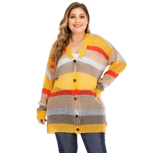 Detailed view of hollow knit texture with yellow and orange stripes on the V-neck cardigan