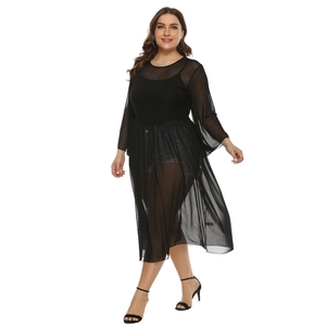 Detail view of the black sheer mesh midi dress with round neck and long sleeves for women