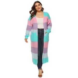 Macro detail of multi-color striped knitted cardigan with large side pockets