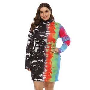 Detail of colorful tie-dye print and slim fit cut on long sleeve turtleneck dress