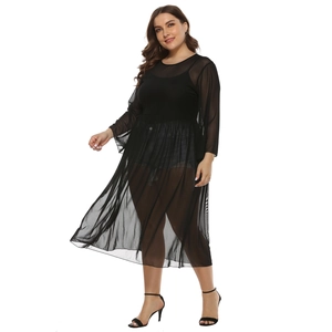 Detailed view of the sheer black mesh fabric and layered styling of the plus size dress