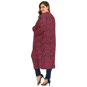 Women's plus size leopard print long sleeve cardigan sweater in dark burgundy red