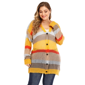 Plus size V-neck cardigan with colorful horizontal stripes and hollow knit texture