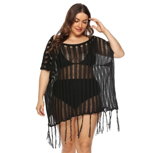 Plus size black crochet beach cover-up with hollow-out pattern and long tassel hem