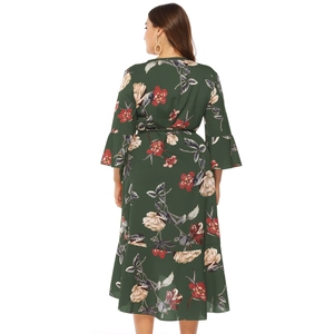 Back view of plus size dark green floral dress with ruffled sleeves and tiered hem