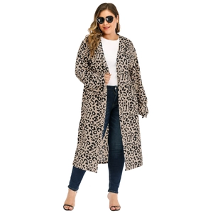 Plus size long leopard print knit cardigan with pockets for casual american style